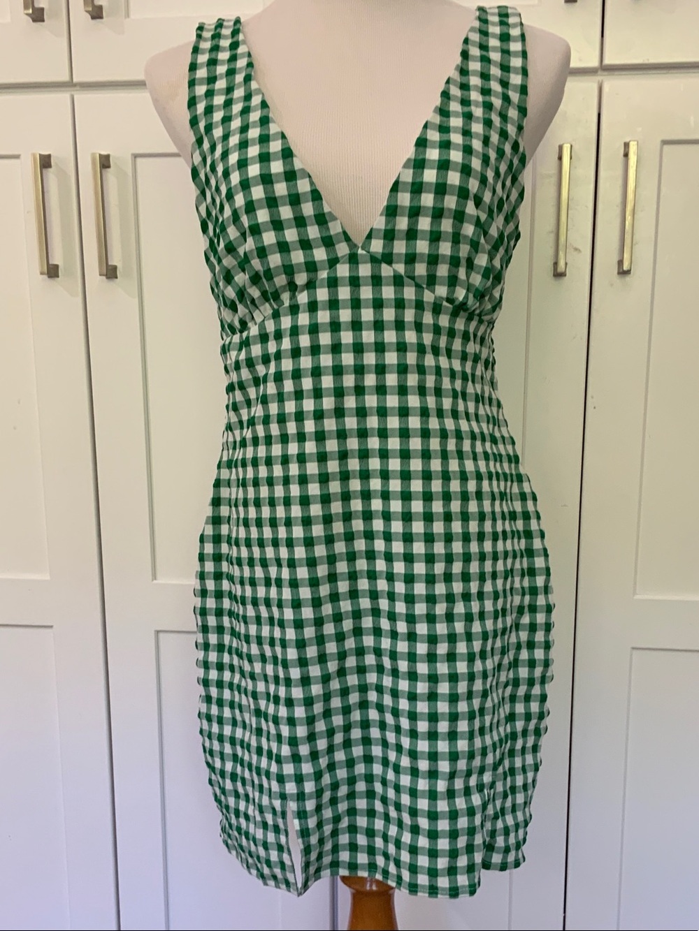 ASOS Green and White Gingham V-Neck Mini Dress